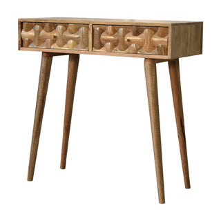 Side angle view of Loxe Console Table with Drawers 3D Cube Carved Oak Mango Wood