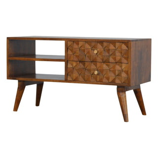 Side angle view of Luca Media Unit Chestnut Finish Diamond Carved Drawers