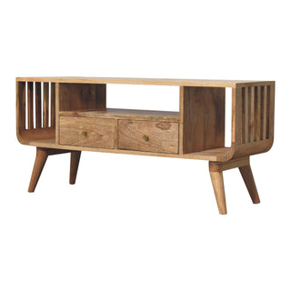 Side angle view of Ludo Media Unit Natural Oak Mango Wood Slatted Side Panels Open Body with Nordic Tapered Legs