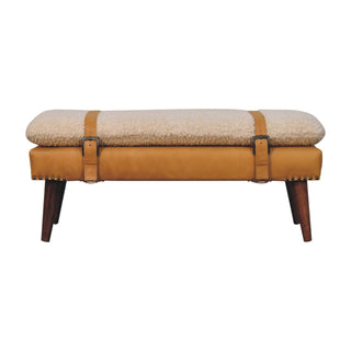 Front view of Luma Bedroom Bench Cream Bouclé and Tan Leather Belted Strap Dark Tapered Legs