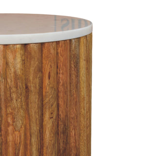 Luma Marble Side Table Fluted Cylindrical Mango Wood - top surface overhead