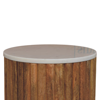 Luma Marble Side Table Fluted Cylindrical Mango Wood - marble top detail close-up