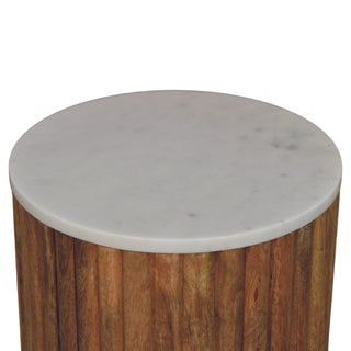 Luma Marble Side Table Fluted Cylindrical Mango Wood - fluted cylindrical base detail