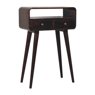 Side angle view of Luma Small Console Table with Drawer California Walnut Curved Frame