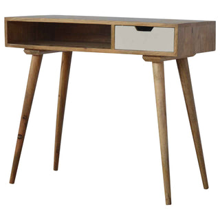 Side angle view of Luma Writing Desk Mango Wood Painted White Drawer with Open Shelf