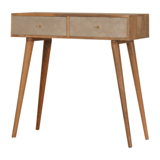 Side angle view of Lumi Console Table with Drawers Champagne Cube Carved Mango Wood Oak