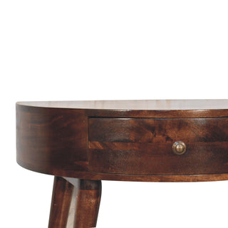 Side angle view of Luna Small Console Table with Drawer California Walnut Demilune Top