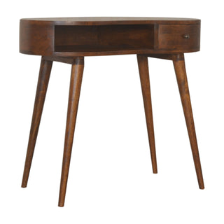 Side angle view of Luna Writing Desk Mango Wood Full Oval Body Chestnut with Brass Knob