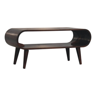 Side angle view of Lune Coffee Table Solid Mango Wood Open Oval Tunnel Frame Light Walnut Nordic