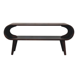 Front view of Lune Coffee Table Solid Mango Wood Open Oval Tunnel Frame Light Walnut Nordic