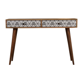 Lune Console Table Drawers Triangular Screen Print Nordic Legs Oak - front view