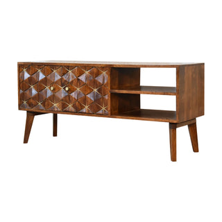 Side angle view of Luxe Media Unit Chestnut Mango Wood All-Over Diamond Brass Inlay Carved Doors with Nordic Legs