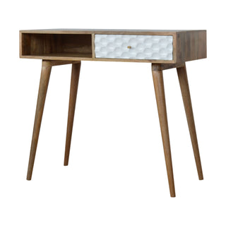 Side angle view of Luxe Writing Desk Mango Wood White Honeycomb-Carved Drawer with Open Slot