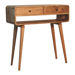 Side angle view of Lyra Console Table with Drawers Oak Inverted Curved Open Slot Mango