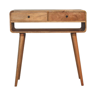 Front view of Lyra Console Table with Drawers Oak Inverted Curved Open Slot Mango