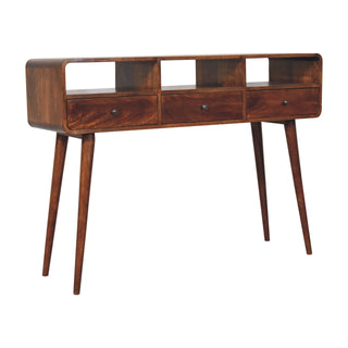 Side angle view of Lyra Console Table with Drawers Triple Open Slot Curved Body Nordic Legs Chestnut Mango Wood