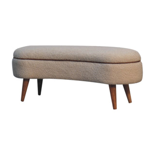 Angled view of Lyra Upholstered Bench Cream bouclé Curved Kidney Leather Piping Nordic Legs