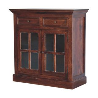 Side angle view of Mahon Display Cabinet Cherry Glazed Doors with Drawers Dentil Cornice Plinth
