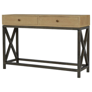 Side angle view of Mango Wood Metal Base Console Table, showing the tabletop, frame and furniture finish