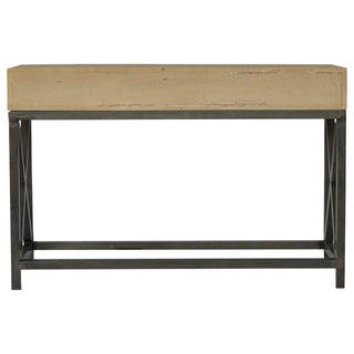 Angled detail view of Mango Wood Metal Base Console Table, showing the tabletop, frame and furniture finish