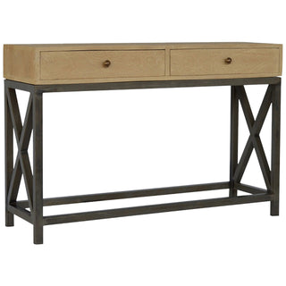 Front view of Mango Wood Metal Base Console Table, showing the tabletop, frame and furniture finish