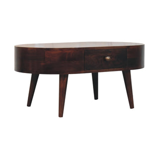 Side angle view of Mara Oval Coffee Table Solid Mango Wood Brass Knob Drawer California Walnut