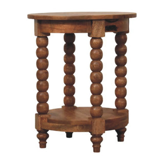 Side angle view of Mara Round Side Table Barley Twist Legs Circular Shelf Golden Teak