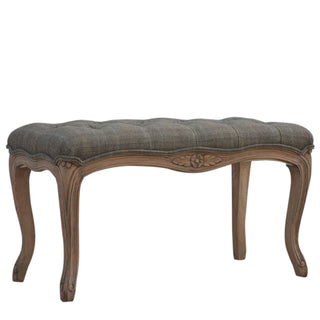 Angled view of Margot Bedroom Bench Multi Tweed Button Tufted French Cabriole Legs Carved Apron Sun-Bleached
