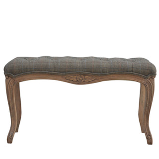 Front view of Margot Bedroom Bench Multi Tweed Button Tufted French Cabriole Legs Carved Apron Sun-Bleached