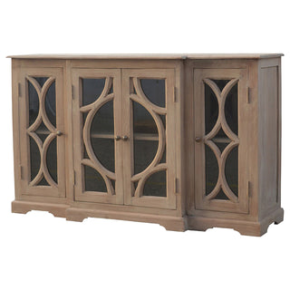 Side angle view of Margot Media Unit Sun-Bleached Mango Wood Antique Glazed Fretwork Cabinet Doors with Plinth Base