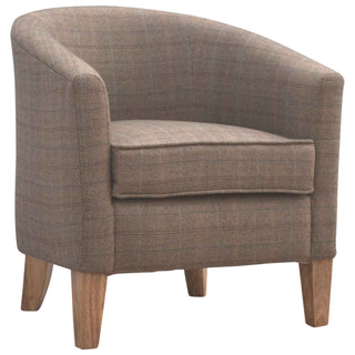 Angled view of Margot Tub Chair Multi Tweed French Style Tapered Leg, showing the upholstered seat, legs and silhouette