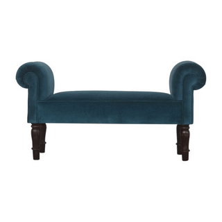 Close-up detail of Marina Bedroom Bench Teal Velvet Scroll Arms Turned Dark Walnut Legs