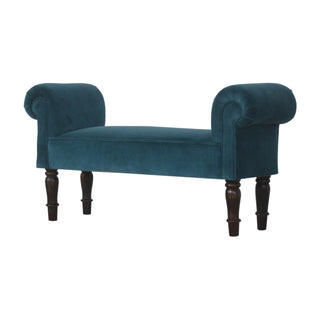 Angled view of Marina Bedroom Bench Teal Velvet Scroll Arms Turned Dark Walnut Legs