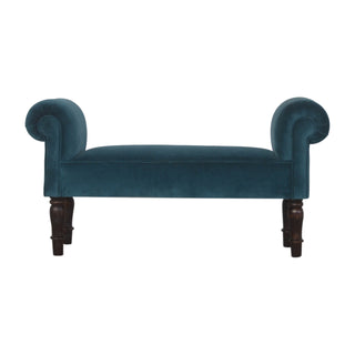 Front view of Marina Bedroom Bench Teal Velvet Scroll Arms Turned Dark Walnut Legs