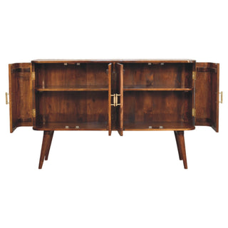 Side angle view of Marlowe Sideboard Cabinet with Curved Silhouette and Tapered Legs in Chestnut Finish