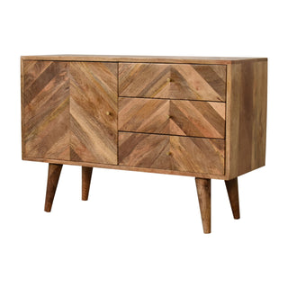 Marquetry Small Sideboard with Chevron Parquet Drawer Fronts and Nordic Tapered Legs – rear view showing solid wood construction and tapered legs