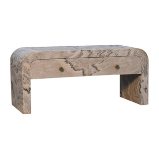 Side angle view of Marva Media Unit Marble Effect Veneer Twin Brass Knob Drawers