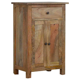 Side angle view of Mercer Bathroom Storage Cabinet Natural Oak Drawer Twin-Door Russet Grain Compact