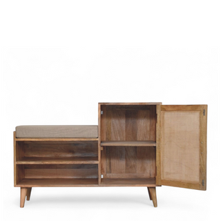 Angled view of Mid-Century Bench with Storage | Solid Oak Wood, showing the seat, legs and furniture silhouette