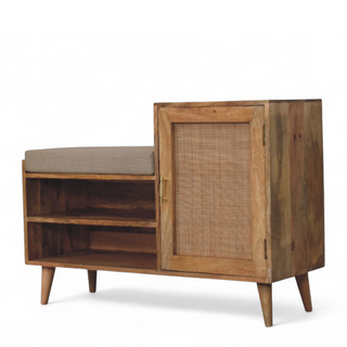 Back view of Mid-Century Bench with Storage | Solid Oak Wood, showing the seat, legs and furniture silhouette