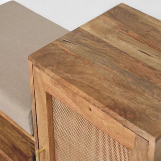 Seat detail view of Mid-Century Bench with Storage | Solid Oak Wood, showing the seat, legs and furniture silhouette