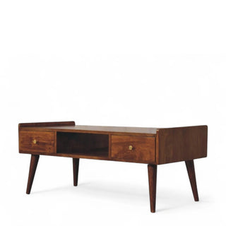 Mid-Century Chestnut Solid Wood Media Stand Elevated Design - door handle detail