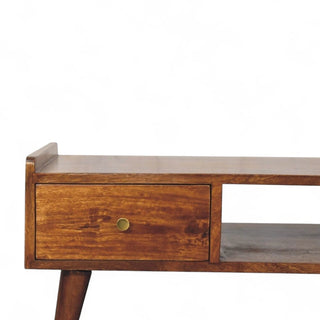 Mid-Century Chestnut Solid Wood Media Stand Elevated Design - drawer open detail