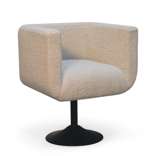 Angled view of Mid Century Cream Bouclé Swivel Armchair with Black Base