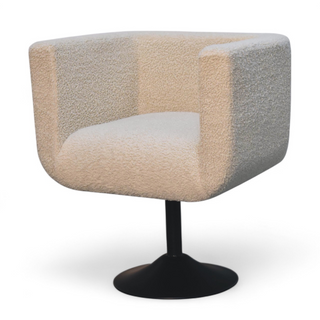 Side view of Mid Century Cream Bouclé Swivel Armchair with Black Base with black cream bouclé