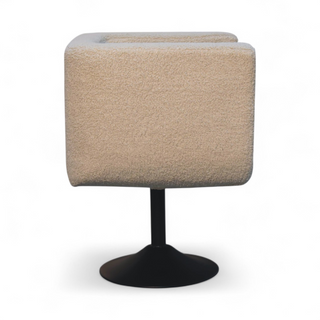 Rear angle view of Mid Century Cream Bouclé Swivel Armchair with Black Base