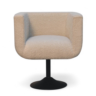 Front view of Mid Century Cream Bouclé Swivel Armchair with Black Base