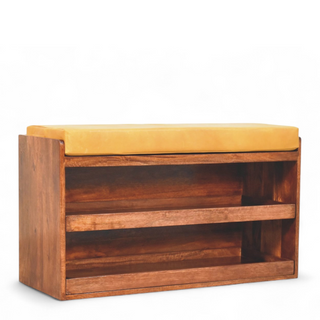 Angled view of Mid-Century Modern Bench with Shoe Storage | Buffalo Hide