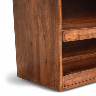 Back view of Mid-Century Modern Bench with Shoe Storage | Buffalo Hide