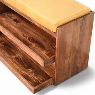 Close-up of finish detail on Mid-Century Modern Bench with Shoe Storage | Buffalo Hide